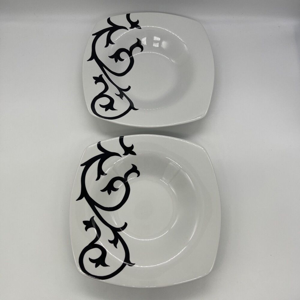 Coventry Scroll Black Set of 2 Square Rim Soup or Salad Bowls